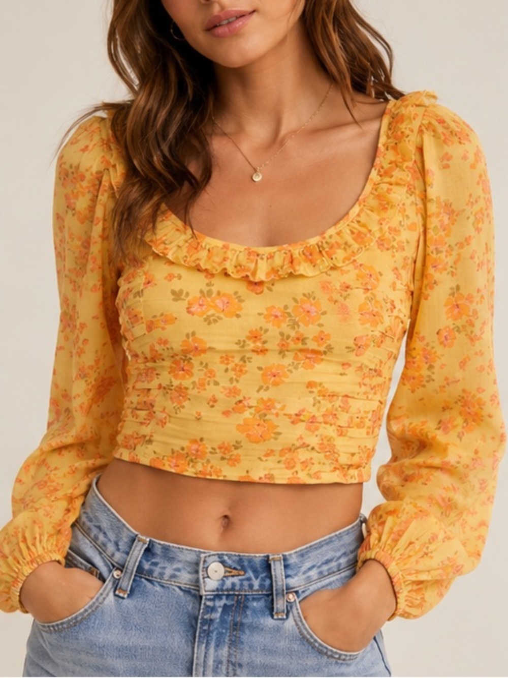 NWT Free People Another Life Floral Crop Top Honey Combo L Boho Ruffle